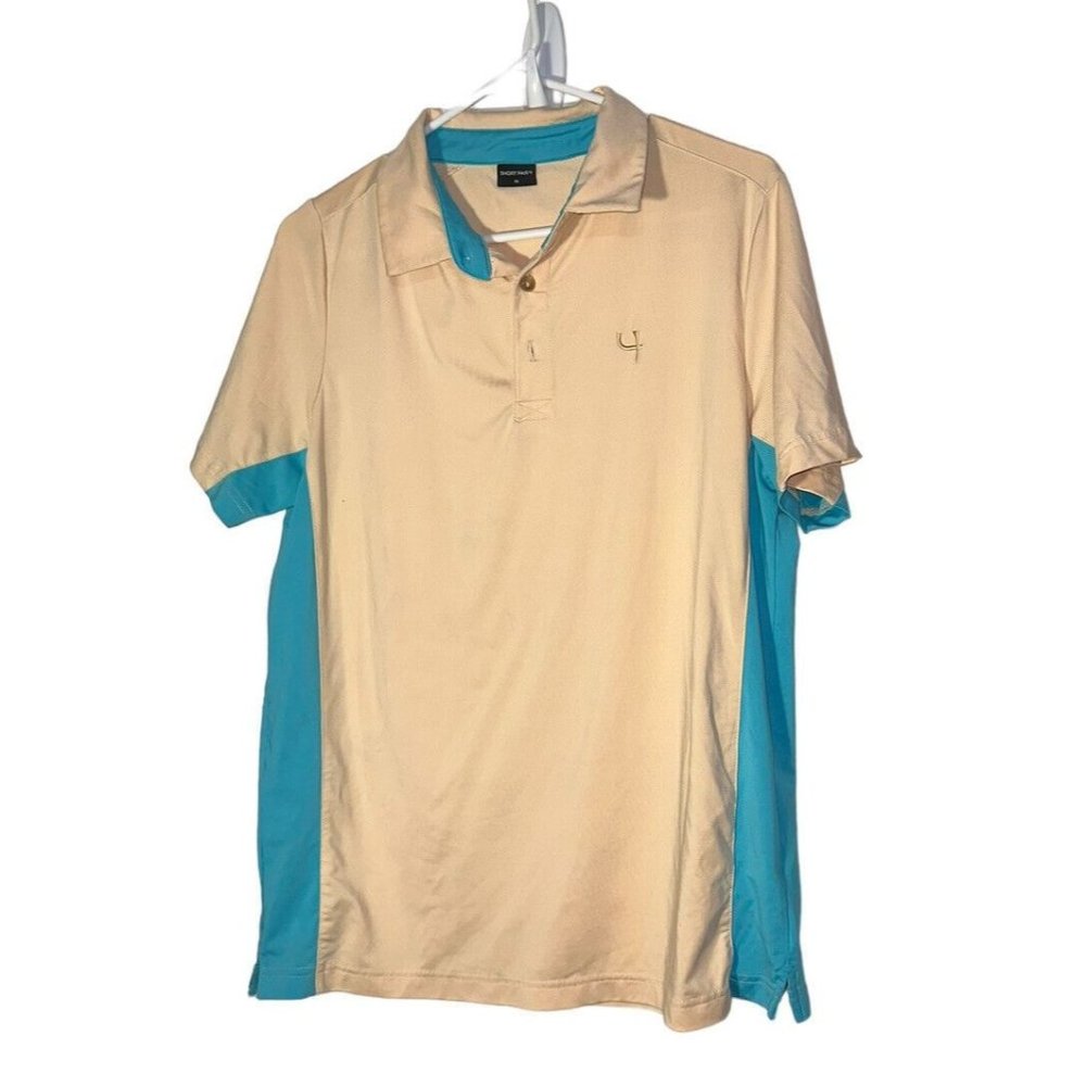 Short Par 4 Polo Shirt Mens Medium Peach & Blue Color Short Sleeve Golf